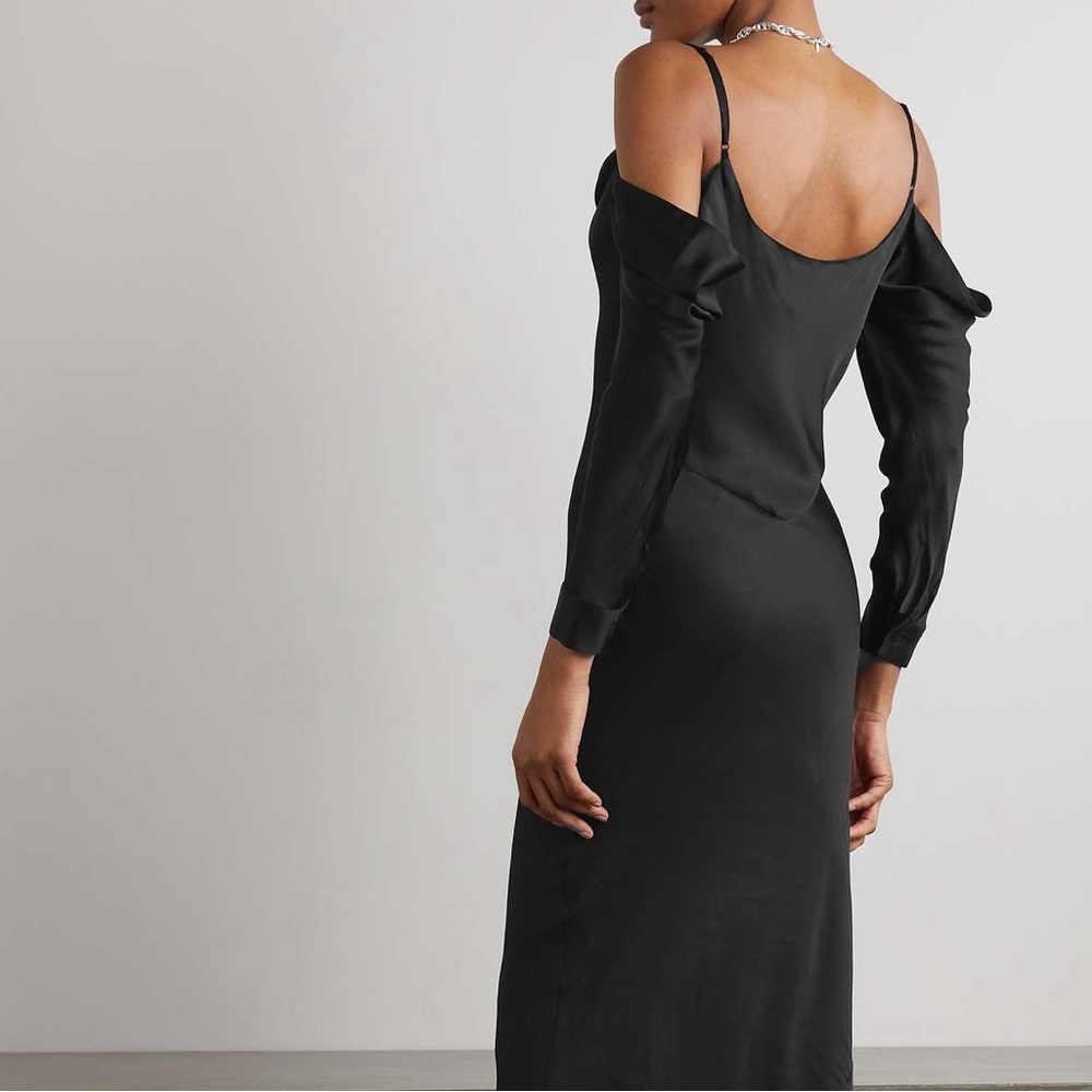 L'Agence "Juniper" Black Cold Shoulder Satin Maxi Dress Gown - US 0 / XS - Picture 4 of 8
